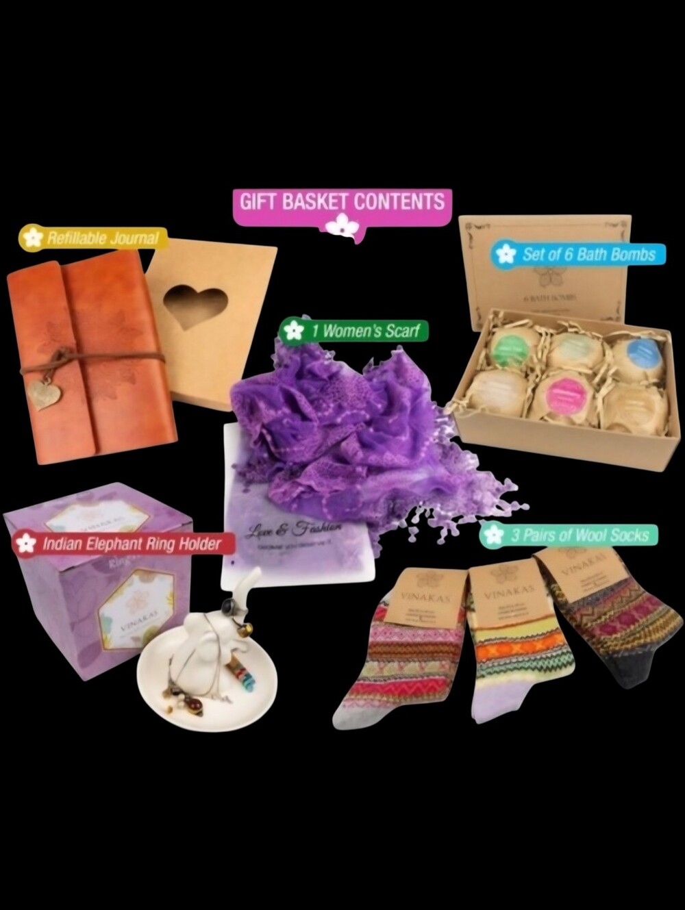 Spa Box : 6 Big Bath Bombs,Elephant Ring Holder, Scarf, 3 Socks & Journal - Picture 2 of 4